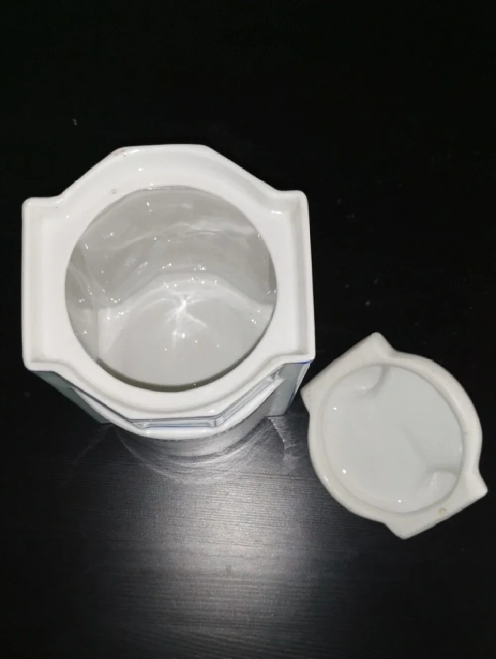White Ceramic Oatmeal Canister with Blue Greek Key Trim Made in Germany